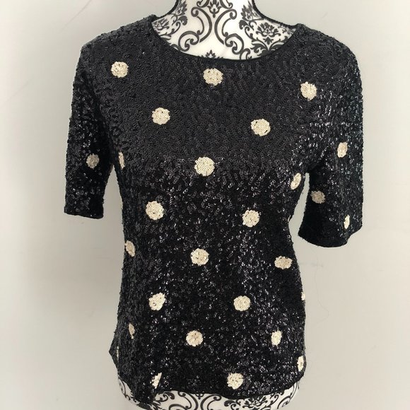 J. Crew sequin t-shirt black w/white polka dots - Picture 1 of 5